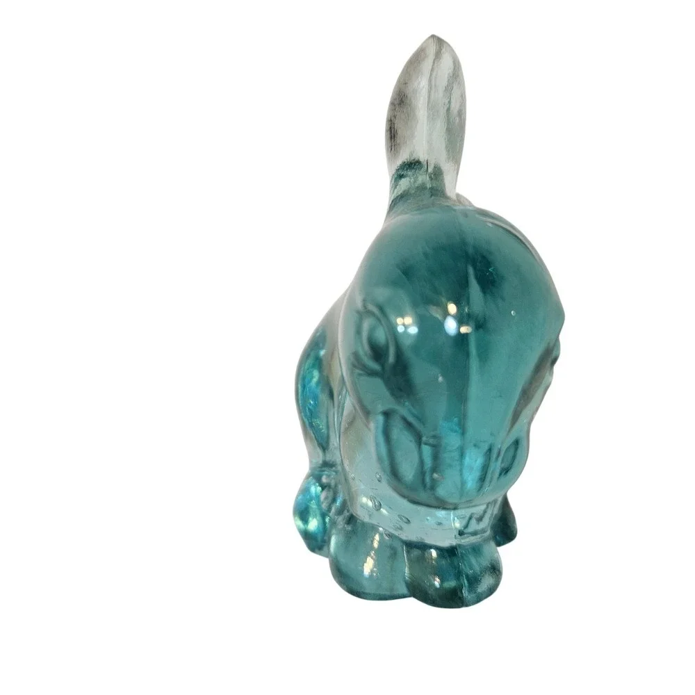 Vintage Murano Style Art Glass Bunny Rabbit Bullicante Clear Aqua Figurine MCM